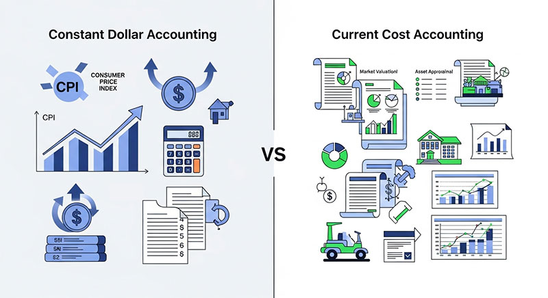 Comparison illustration of current cost accounting versus constant dollar accounting methods showing CPI charts, asset valuation graphs, and inflation adjustment techniques for CPA exam preparation