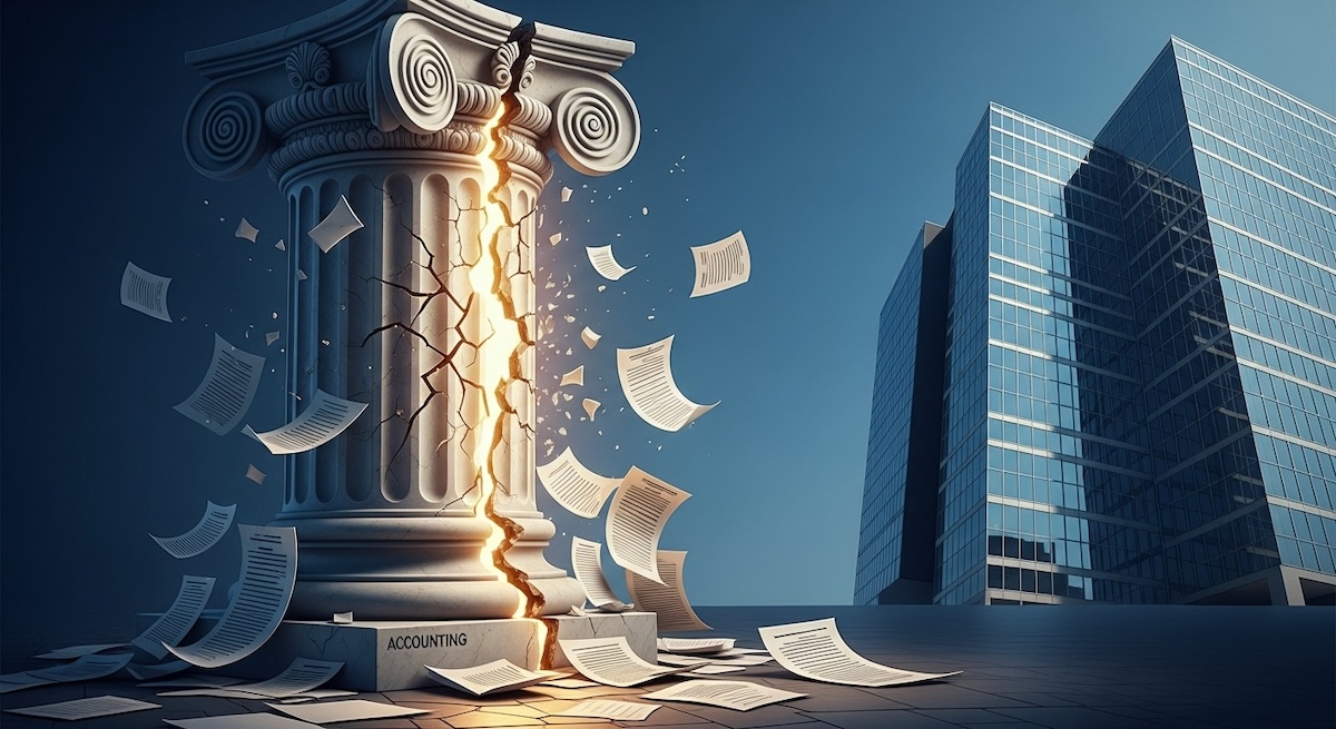 Crumbling classical pillar with accounting documents scattered at base, golden light through cracks, modern office building background