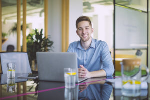 happy accountant at desk