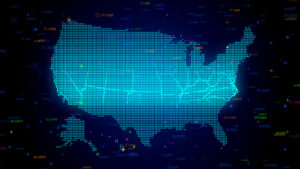 Futuristic Blue Colorful Shiny Digital Technology Hud Dots Mosaic Grid United States of America Map Light Scanning With Numeric Tech Particles - CPA 2025 Requirements by State | CPA Exam and Accountant Education