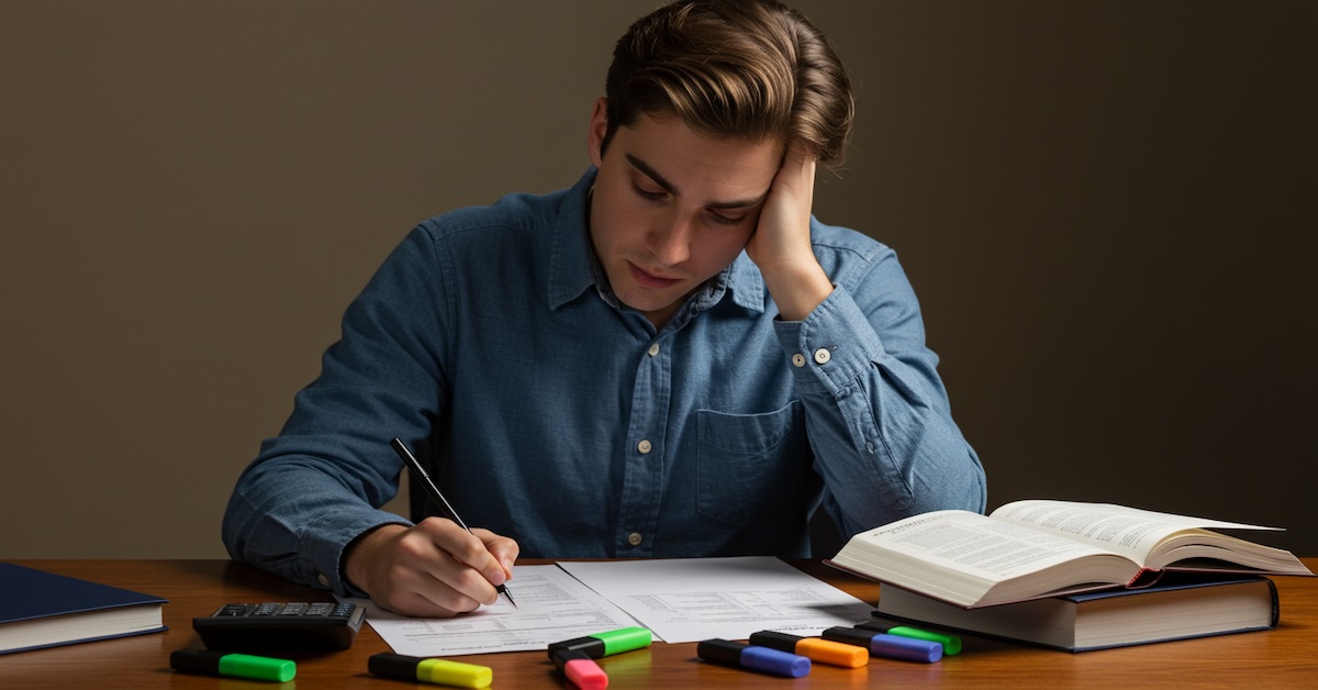 Frustrated accounting student studying for CPA exam retake with textbooks, calculator, and highlighters on desk.
