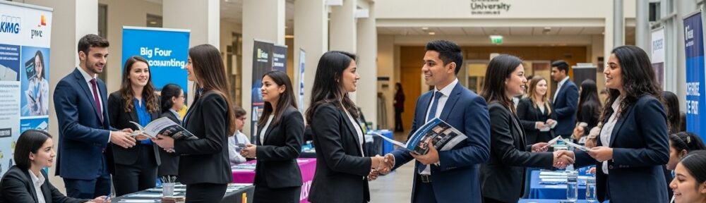 big-four-accounting-recruiting-event-university-career-fair - CPA 2025 Requirements by State | CPA Exam and Accountant Education Accounting students in business attire networking with Big Four firm recruiters at university career fair with Deloitte KPMG and PwC recruiting tables