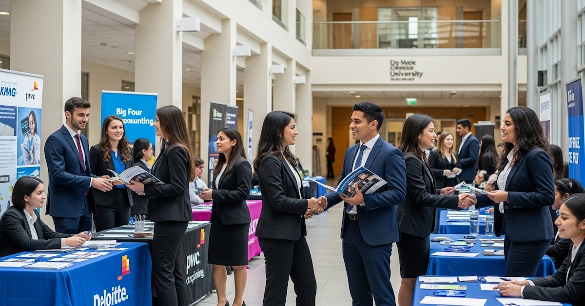 Accounting students in business attire networking with Big Four firm recruiters at university career fair with Deloitte KPMG and PwC recruiting tables