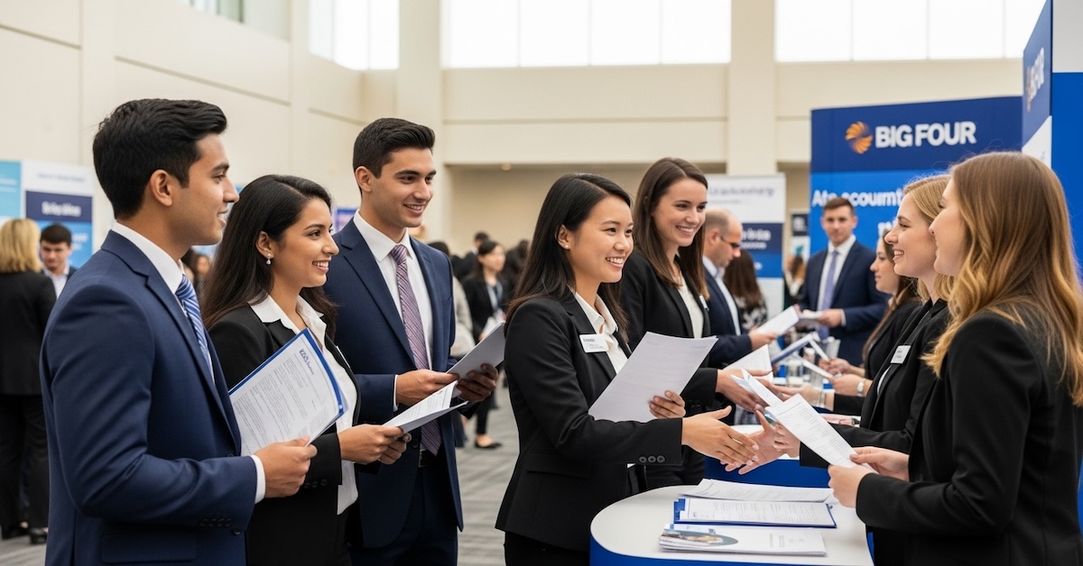 accounting-students-big-four-career-fair-networking - CPA 2025 Requirements by State | CPA Exam and Accountant Education Diverse accounting students in business professional attire networking with Big Four firm recruiters at university career fair