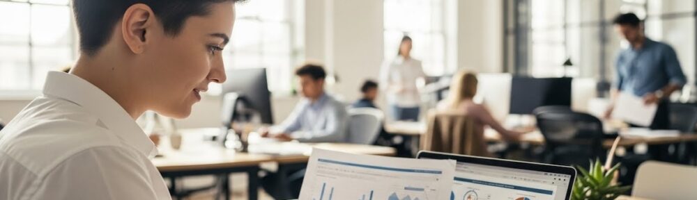 Young accountant analyzing financial charts and data visualizations on laptop in modern office workspace