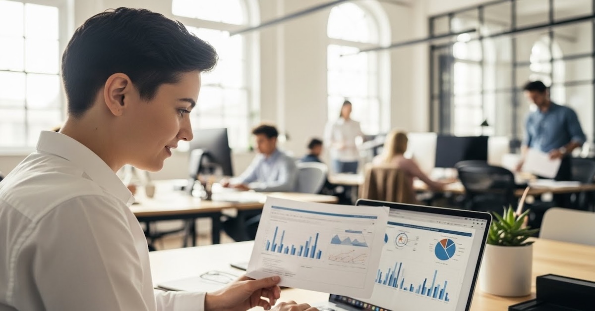 Young accountant analyzing financial charts and data visualizations on laptop in modern office workspace